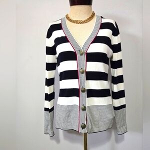 Zendra Nautical Navy and White V Neck Butoned Cardigan Sweater. Size 42/ Medium
